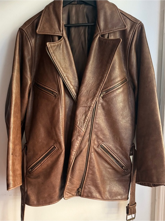 Vintage Jackets & Blazers - Vintage Gil Bret Brown Leather Belted Moto Jacket Distressed Biker Coat